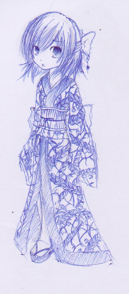Cute Anime Sketches. Kimono blue sketch by