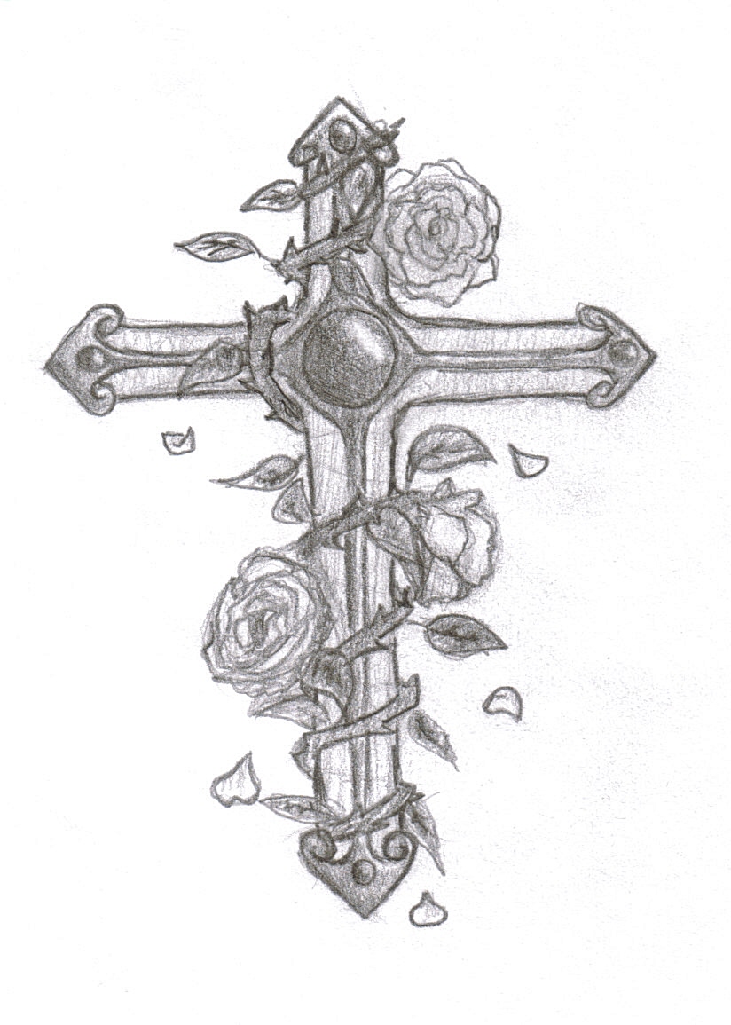 cross and roses drawings