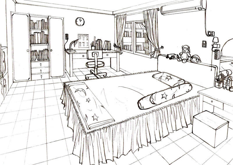 Bedroom Drawing One Point Perspective Bed room by wildgrape