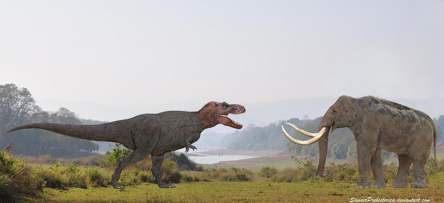 tyrannosaurus_rex_vs_steppe_mammoth_by_s