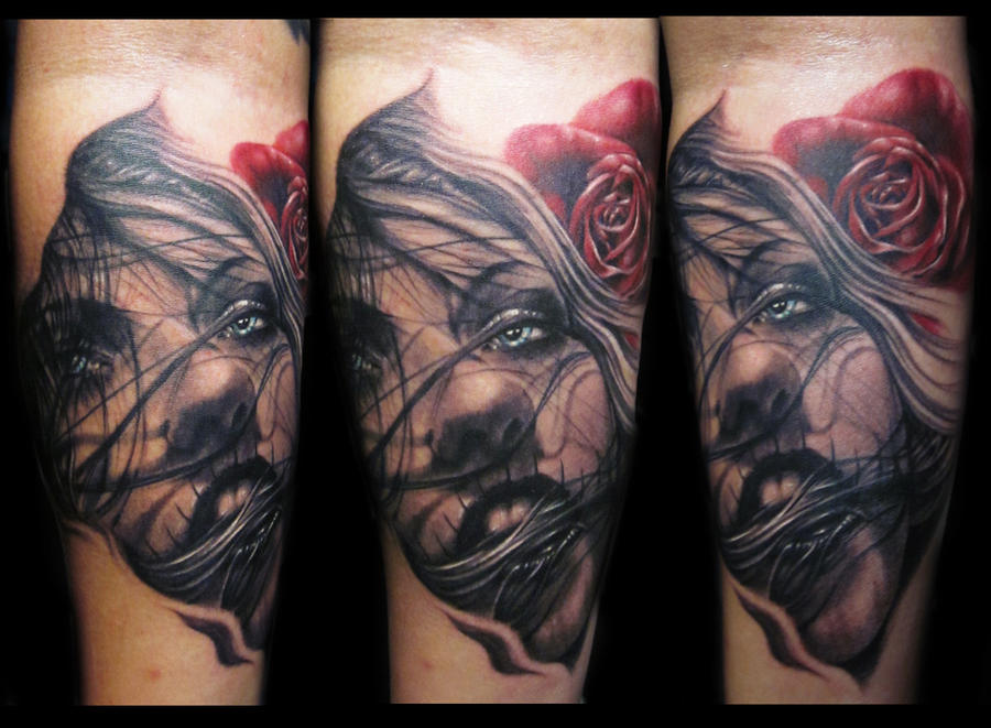 Realistic face rose tattoo