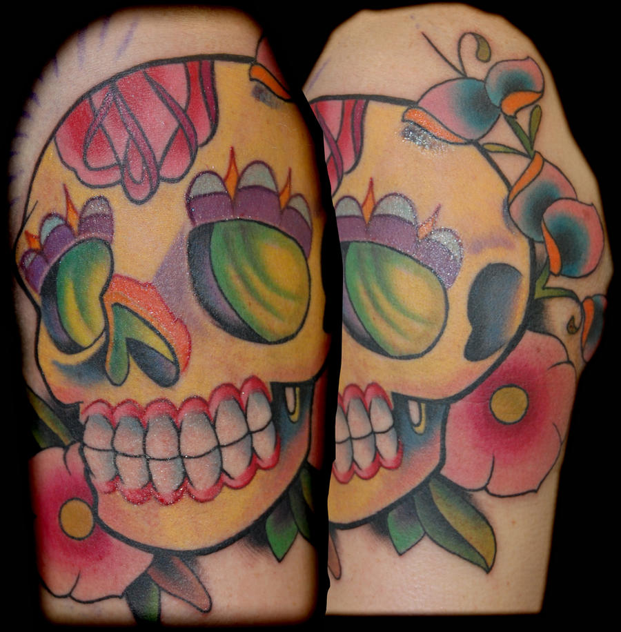 yellow sugar skull tattoo by