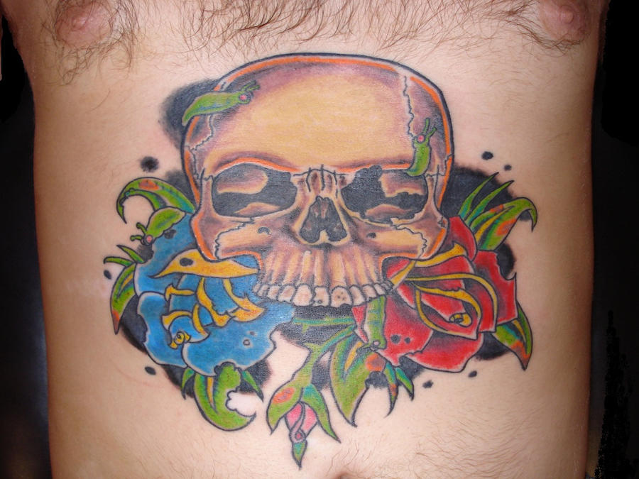 skull w roses tattoo by